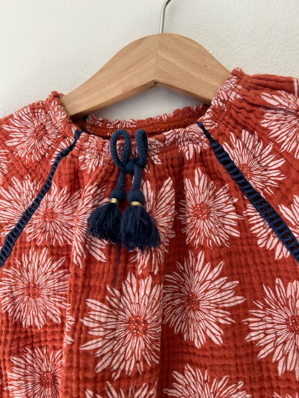 Mud Pie 12–18M Floral Cotton Gauze Dress Rust Navy Tassel Tie Long Sleeve - Picture 2 of 5